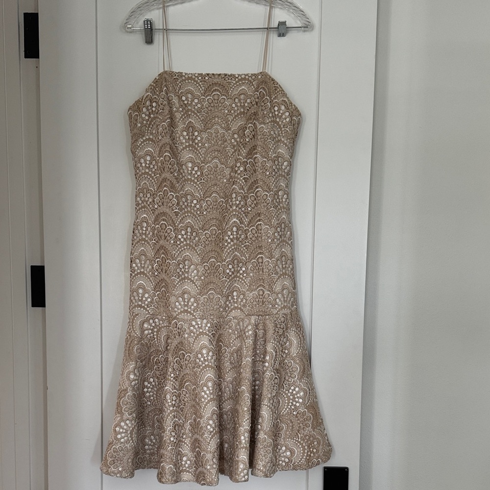Badgley Mischka Beige Lace Midi Dress